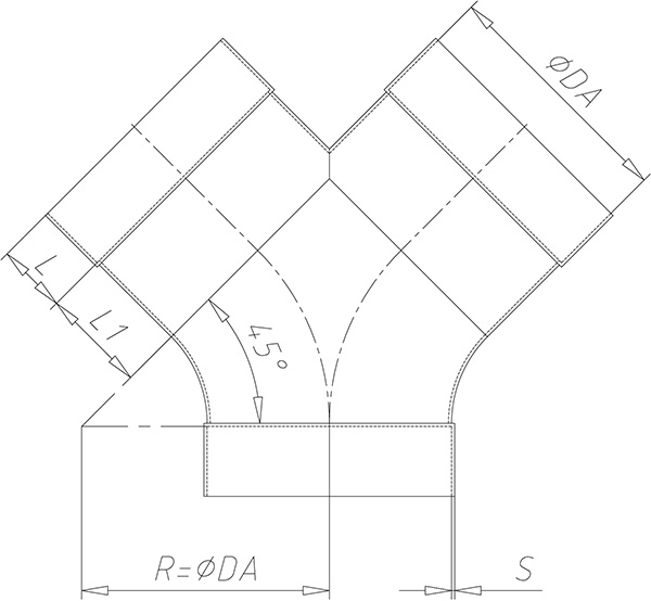 Technical drawings of a 45° Y-connection
