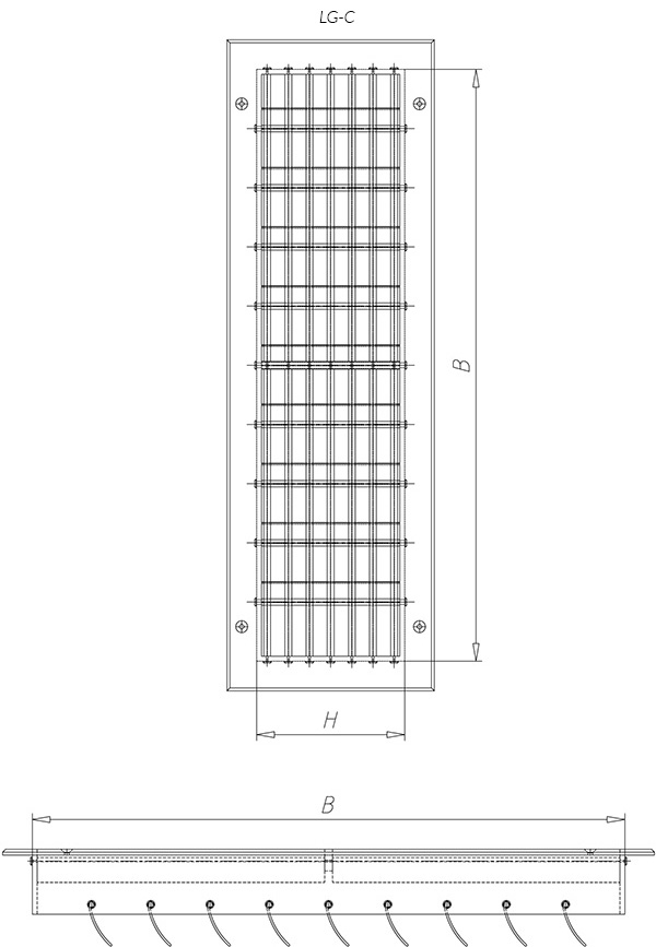 Technical drawings of an exhaust grille, made of PVC.